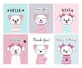 Set of small greeting postcards with cute puppies. Cartoon kawaii funny dog character. Royalty Free Stock Photo